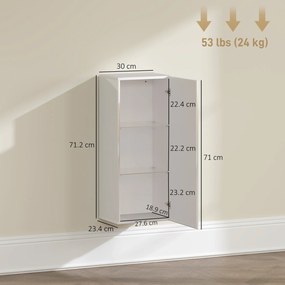 HOMCOM Dulap de Baie Suspendat cu Ușă Fără Mâner, 2 Rafturi Reglabile din Sticlă, Mobilier Suspendat Multifuncțional, 30x23,4x71,2 cm, Alb Lucios | Aosom Romania