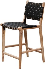 Scaun de bar împletit pentru insulă din piele naturală și lemn de acacia, negru, cu spătar și suport pentru picioare, 97 x 50 x 53 cm, „Mixing”