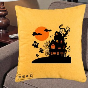 Perna Decorativa Halloween Casa Bantuita cu Fantome, 40x40 cm, Galben, Husa Detasabila, Perna Inclusa, BEKZ®