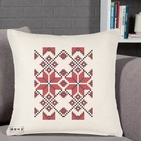 Perna Personalizata Motiv Traditional Cusatura Rosu-Negru, 40x40 cm, Crem Reliefat, Husa Detasabila, Perna Inclusa, BEKZ®