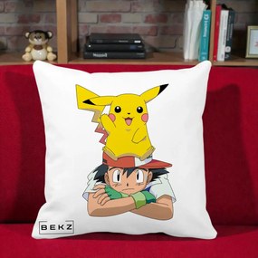 Perna Personalizata Ash si Pikachu, 40x40 cm, Alba Mata, Husa Detasabila, Perna Inclusa, BEKZ®
