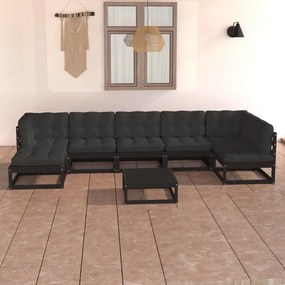 Set mobilier de gradina cu perne, 8 piese, lemn masiv pin Negru, 1, Da