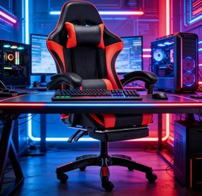 Scaun gaming, Masaj în perna lombară, Rabatabil 90-145°, Suport picioare, piele PU, Negru/Rosu