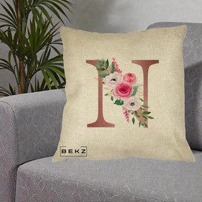 Cadou Personalizat - Perna Personalizata Monograma Rose Gold Litera N, 40x40 cm, Crem, Husa Detasabila, Perna Inclusa, BEKZ®