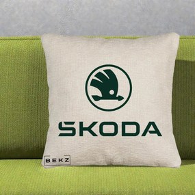 Perna Personalizata cu emblema Skoda, 40x40 cm, Bej Canapea, Husa Detasabila, Perna Inclusa, BEKZ®