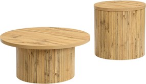 Set de 2 măsuțe de cafea rotunde, cu fronturi cu lamele verticale din lemn natural și colțuri rotunjite, 75x75x36 cm/50x50x50,5 cm, Culoare naturală