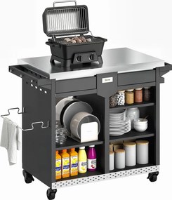 Outsunny Cărucior grătar 5-nivele Masă laterală cu suprafață de lucru din oțel inoxidabil rafturi reglabile sertar roți suport condimente suport prosoape | Aosom Romania