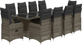 vidaXL Set bistro de grădină cu perne, 11 piese, gri, poliratan