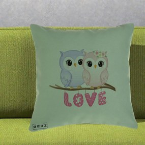 Perna Decorativa Love Bufnite Indragostite pe Crenguta Roz si Mov, 40x40 cm, Verde, Husa Detasabila, Perna Inclusa, BEKZ®