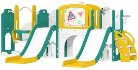 AIYAPLAY Set de topire și leagăn 9 în 1 pentru Copii, cu Coș de Baschet, Telescop, Tablă de Desen, Design de Broască, Galben+Verde | Aosom Romania