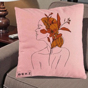 Perna Decorativa Portret Feminin Crin Ruginiu Auriu, 40x40 cm, Roz, Husa Detasabila, Perna Inclusa, BEKZ®