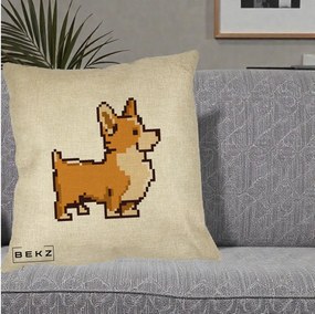 Perna Personalizata Corgi Pixel Art, 40x40 cm, Crem, Husa Detasabila, Perna Inclusa, BEKZ®