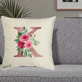 Cadou Personalizat - Perna Personalizata Monograma Rose Gold Litera K, 40x40 cm, Ecru, Husa Detasabila, Perna Inclusa, BEKZ®