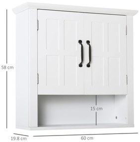 HOMCOM Dulapior 2 Rafturi de Montat pe Perete de Perete Bucatarie Baie Lemn 60x19,8x58cm Alb