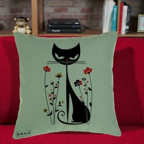 Perna Decorativa Pisica Neagra Grafica Flori Rosii, 40x40 cm, Verde, Husa Detasabila, Perna Inclusa, BEKZ®