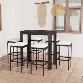 Set mobilier bar de gradina cu perne, 7 piese, negru, poliratan Negru, Lungime masa 100 cm, 7, Da