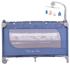 Patut pliant transformabil in tarc copii NOVOKIDS™ Onceuponatime NEST, 62X125 cm, 2 Niveluri, Jucarie Carusel muzical, Fermoar acces lateral, Albastru