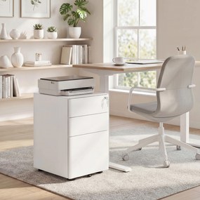 Vinsetto Fiset Metalic cu 3 Sertare și Sistem de Blocare, Mobilier de Birou pe Roti, 39x48x59cm, Design Compact, Alb | Aosom Romania