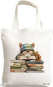 Sacosa de Panza pentru Cumparaturi, Geanta Tote, model Reading puppy 6 38 x 34.5 cm, Alba, BEKZ®
