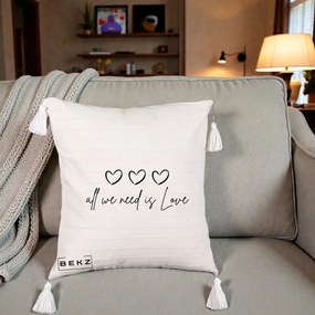 Perna Decorativa All We Need Is Love, 40x40 cm, Bej cu Franjuri, Husa Detasabila, Perna Inclusa, BEKZ®