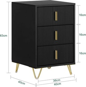 NON12 - Set 2x Noptiere negre 40x40x63cm, riflaje, cu 3 sertare, dormitor - Negru-Auriu