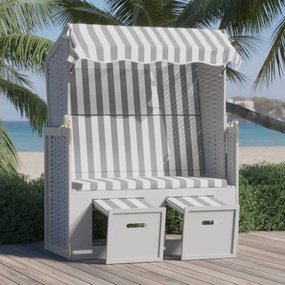 318652 vidaXL Scaun de plajă cu baldachin,gri&alb, poliratan și lemn masiv