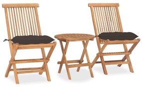 Set mobilier de exterior pliabil, cu perne, 3 piese, lemn masiv tec Gri taupe, 3