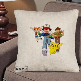 Perna Personalizata Pokemon Ash Misty Brock si Pikachu, 40x40 cm, Bej Canapea, Husa Detasabila, Perna Inclusa, BEKZ®