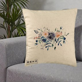 Perna Decorativa Buchet Flori Albastre Acuarela, 40x40 cm, Bej, Husa Detasabila, Perna Inclusa, BEKZ®