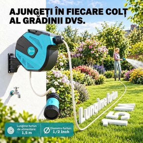 DURHAND Tambur cu Furtun de 15 m Retractabil cu 7 Moduri de Irigare și Kit de Montare, 44x22,5x41 cm, Negru | Aosom Romania