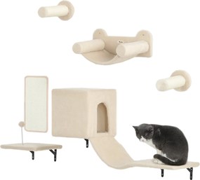 PawHut Set de Catarare pentru Pisici de Perete 6 Piese cu Condominiu Platformă Hamac Scări și Placă de Zgâriat Bej | Aosom Romania