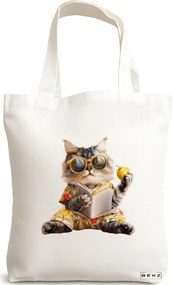 Sacosa de Panza pentru Cumparaturi, Geanta Tote, model Reading cat 4 38 x 34.5 cm, Alba, BEKZ®