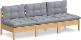 vidaXL Canapea de grădină cu 3 locuri, cu perne gri, lemn masiv pin