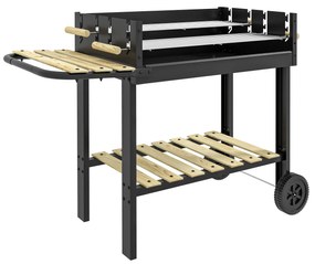 Outsunny Gratar Barbecue Carucior cu Carbune cu Grilaj Dublu Reglabil, Masa Laterala, Raft de Depozitare si Roti, pentru Gatit in Aer Liber
