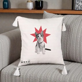 Perna Decorativa Pisica Star Pop Art, 40x40 cm, Bej cu Franjuri, Husa Detasabila, Perna Inclusa, BEKZ®