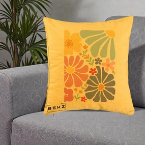 Perna Decorativa Flori Grafice Pastel Multicolor, 40x40 cm, Galben, Husa Detasabila, Perna Inclusa, BEKZ®