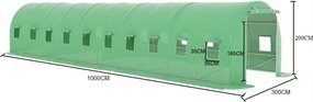 Solar de grădină, 3x10 m, 30 m², cadru din oțel, țeavă galvanizată, folie PE armată, 20 ferestre rulante, rezistent la UV, impermeabil, Verde,