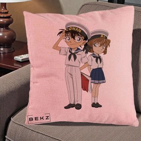 Perna Personalizata Detective Conan Conan si Ai Sailor, 40x40 cm, Roz, Husa Detasabila, Perna Inclusa, BEKZ®