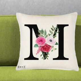 Cadou Personalizat - Perna Personalizata Monograma Florala Litera M cu Trandafiri si Anemona, 40x40 cm, Crem Reliefat, Husa Detasabila, Perna Inclusa, BEKZ®