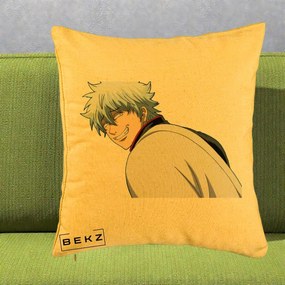 Perna Personalizata Gintama Gintoki Portret cu Zambet, 40x40 cm, Galben, Husa Detasabila, Perna Inclusa, BEKZ®