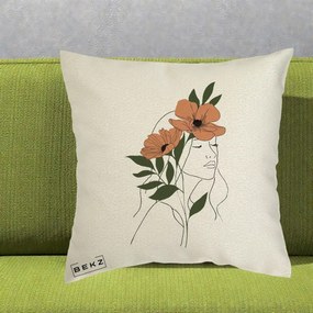 Perna Decorativa Portret Feminin Doua Maci Terracotta, 40x40 cm, Ecru, Husa Detasabila, Perna Inclusa, BEKZ®
