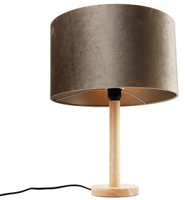 Lampă de masă din lemn cu abajur de catifea gri-maroniu 35cm - Mels