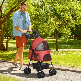 PawHut Cărucior buggy pliabil câine pisică coș depozitare suporturi pahare țesătură Oxford 300D impermeabilă 4 roți roșu | Aosom Romania