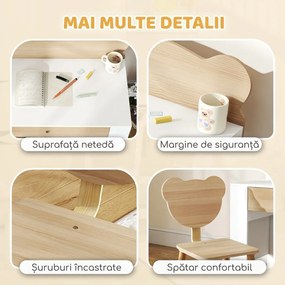 AIYAPLAY Set birou pentru copii cu sertar și scaun cu spătar ursuleț, 3-8 ani, culoare lemn | Aosom Romania