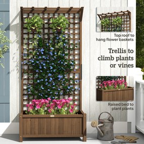 Outsunny Jardinieră Ridicată de Exterior cu Spalier și Bară Superioară, Ghiveci din Lemn de Brad cu Orificii de Drenaj pentru Flori și Legume, Ideală pentru Grădină și Balcon, Maro Închis | Aosom Romania