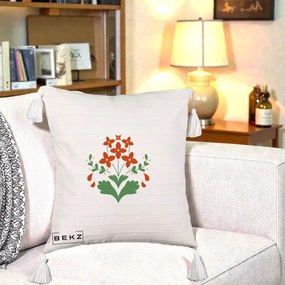 Perna Decorativa Buchet Floral Folk Rosu-Verde, 40x40 cm, Bej cu Franjuri, Husa Detasabila, Perna Inclusa, BEKZ®