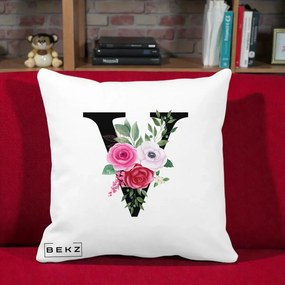 Cadou Personalizat - Perna Personalizata Monograma Florala Litera V cu Buchet, 40x40 cm, Alba Mata, Husa Detasabila, Perna Inclusa, BEKZ®
