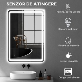 kleankin Oglinda pentru Baie cu Lumini LED, 70x50 cm, Argintiu | Aosom Romania