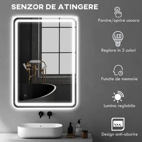 kleankin Oglinda pentru Baie cu Lumini LED, 70x50 cm, Argintiu | Aosom Romania