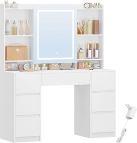 Masuta machiaj cu Oglinda LED si 7 Sertare pentru Cosmetice, Set Masa toaleta 108 cm, Alb, masuta cosmetica, vanity - SEA4